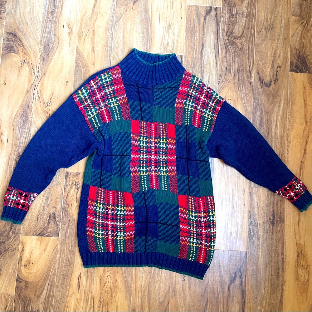 VINTAGE Copper Key Handknit plaid Sweater/ Size M // Blue Red green